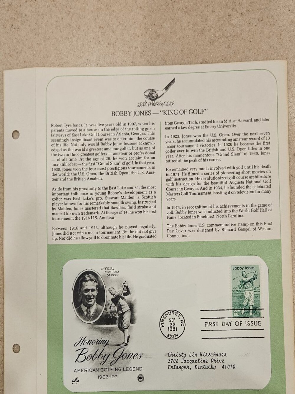 RARE COLLECTIBLE USPS 1ST DAY ISSUE COVER BOBBY JONES KING OF GOLF STAMP FDC